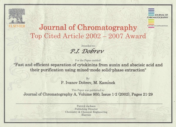 diplom z časopisu Journal of Chromatography